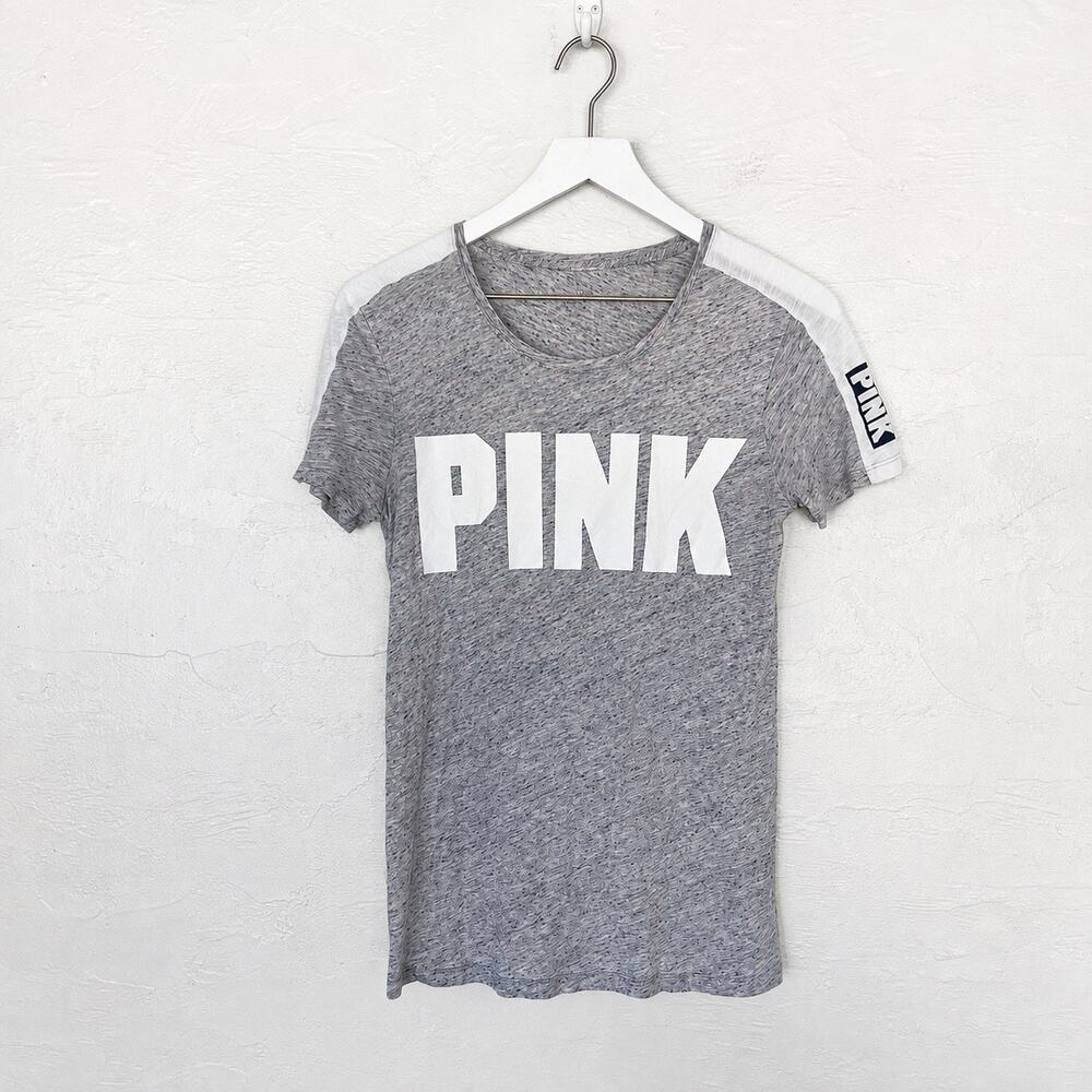 Victoria's Secret PINK Gray Burnout Varsity Tee 2014 Logo Sleeve Y2K Mall Girl